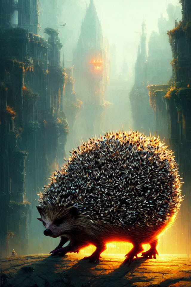 Giant hedgehog in ancient city at sunset with flying birds