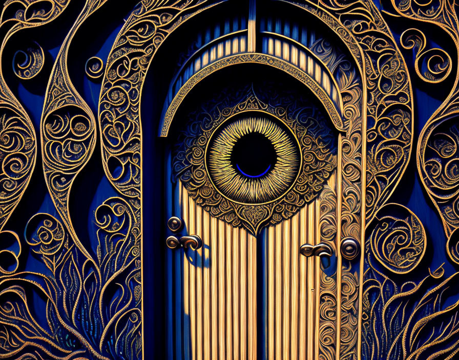 Intricate Blue and Gold Door with Eye Motif