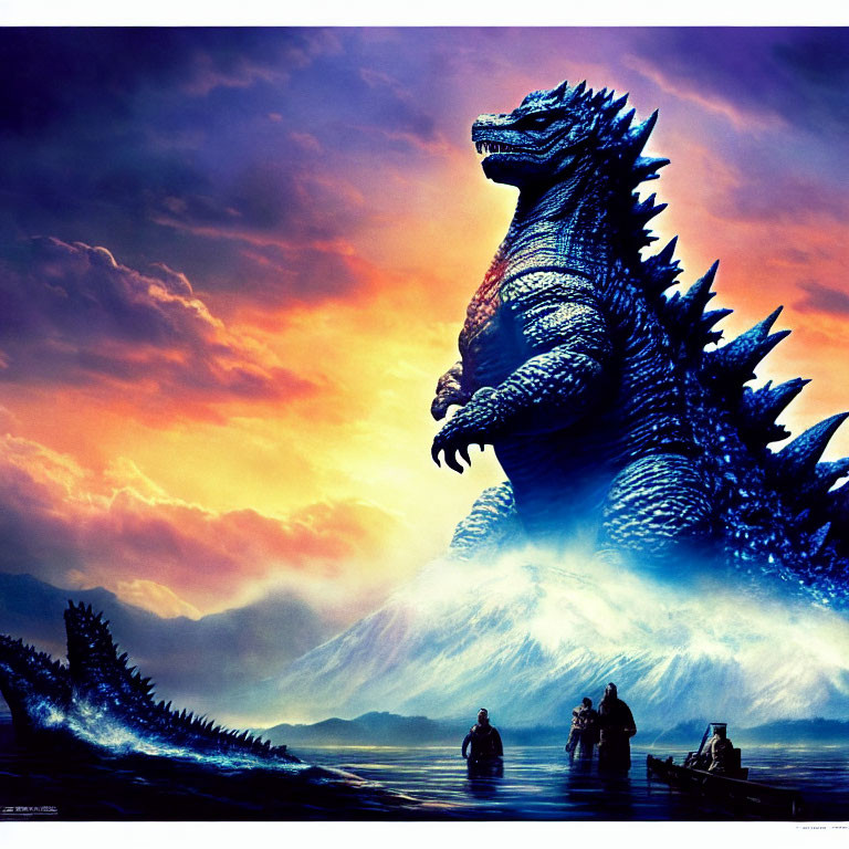 Giant Godzilla in sunset scene with boats and mountain view