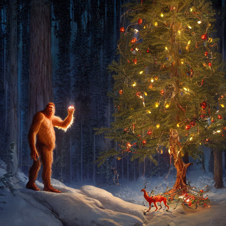 Illustration of Bigfoot decorating Christmas tree in snowy forest