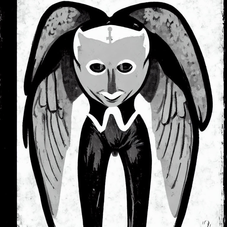 Monochromatic stylized art of figure with angel wings and cat-like face in suit against textured background