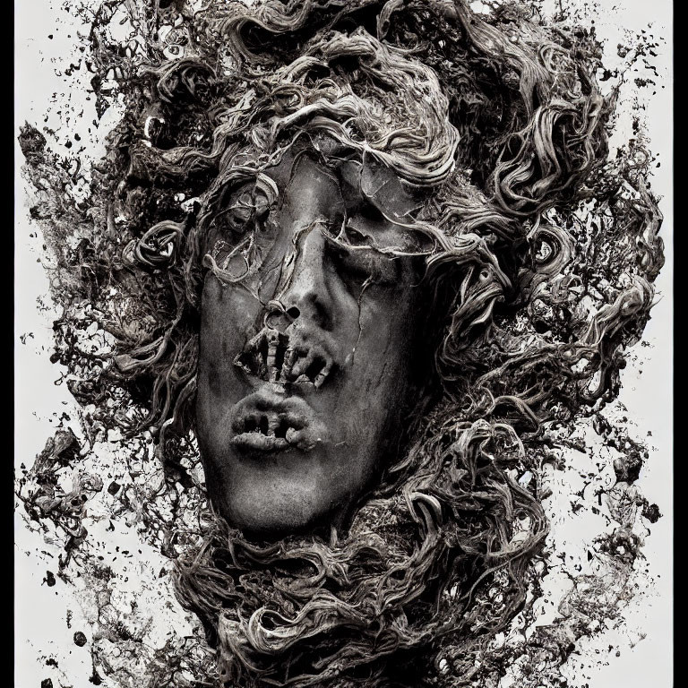 Monochrome image of a face with dynamic swirls of textured strokes