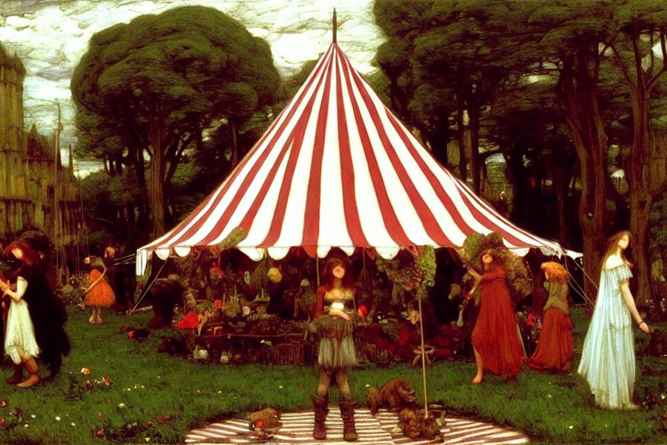 Renaissance-style painting of people around a tent in a forest clearing