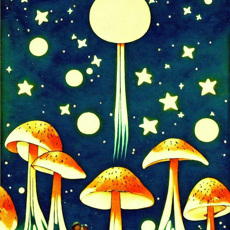 Colorful Mushroom Illustration Under Starry Sky with Moon and Celestial Beams