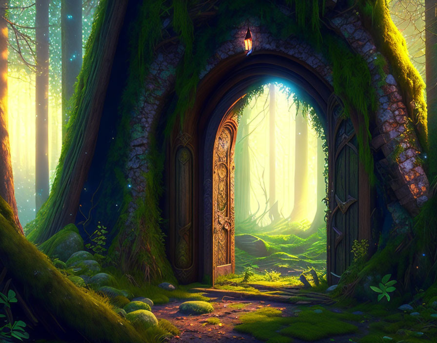 Mystical forest scene with arched door in tree trunk