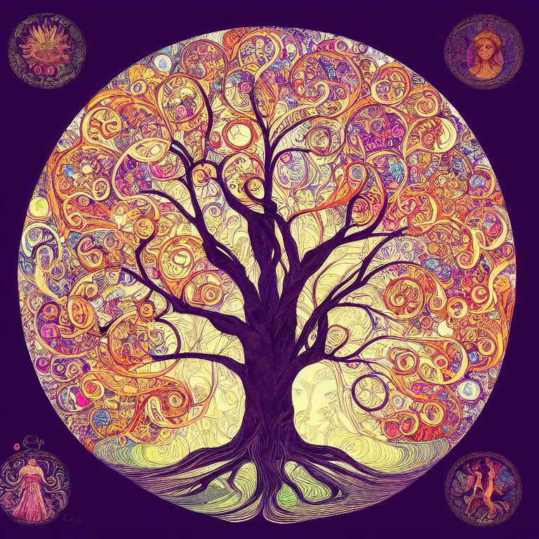 Colorful Circular Artwork with Ornate Tree and Intricate Patterns