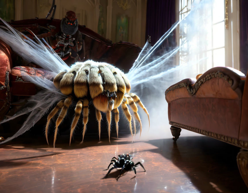 Realistic spider with cobwebs in vintage room with sunlight and small spider