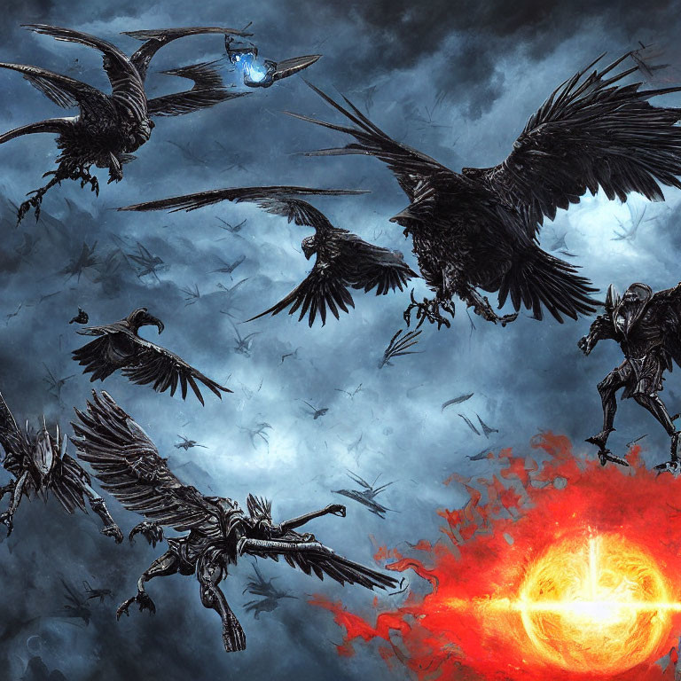 Sinister birds flying over stormy sky with red orb and shadowy figures