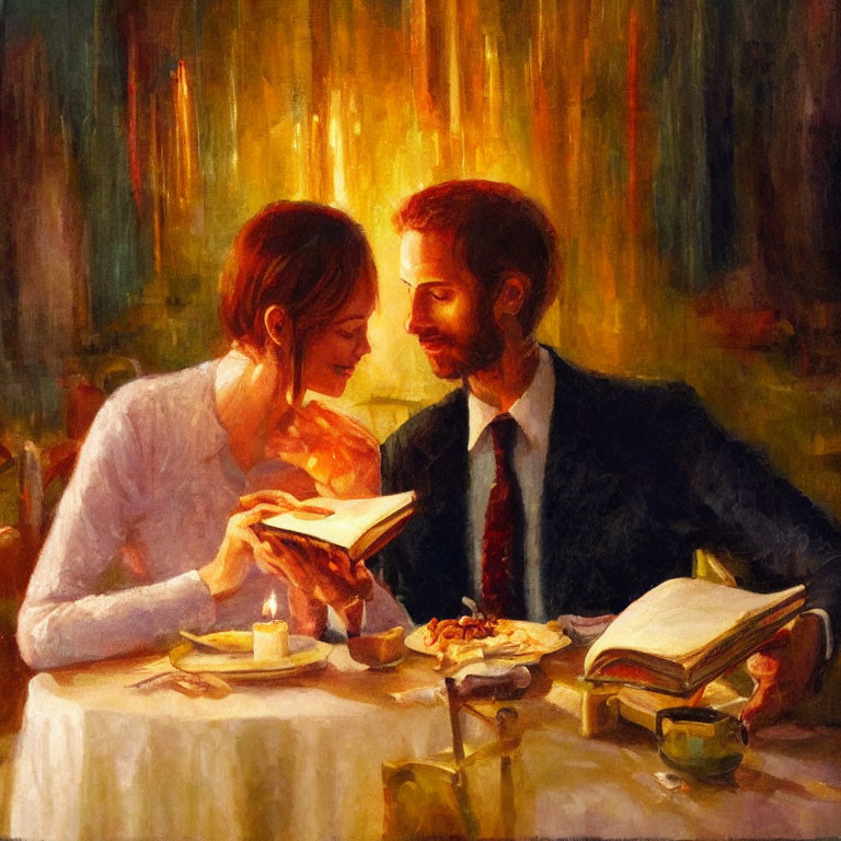 Couple's Romantic Moment with Books and Candles