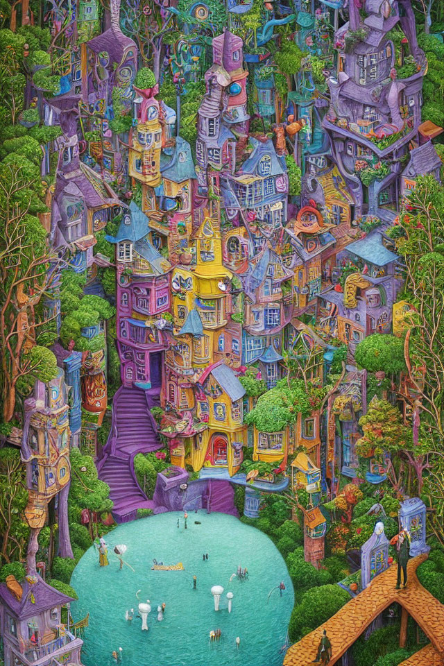 Colorful, whimsical town illustration with unique buildings and lush greenery