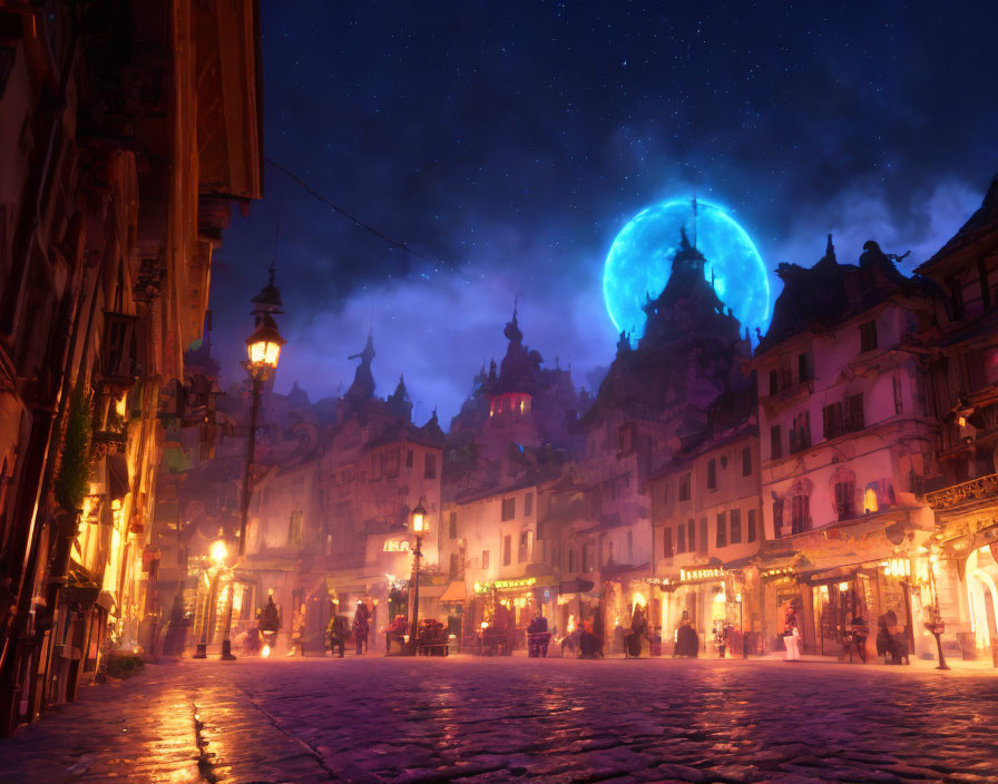 Bustling cobblestone street at twilight under a fantastical blue moon