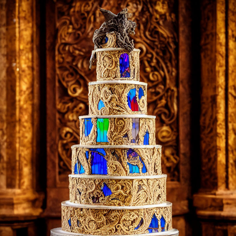 Luxurious five-tiered cake with gold designs and lion topper on wooden backdrop