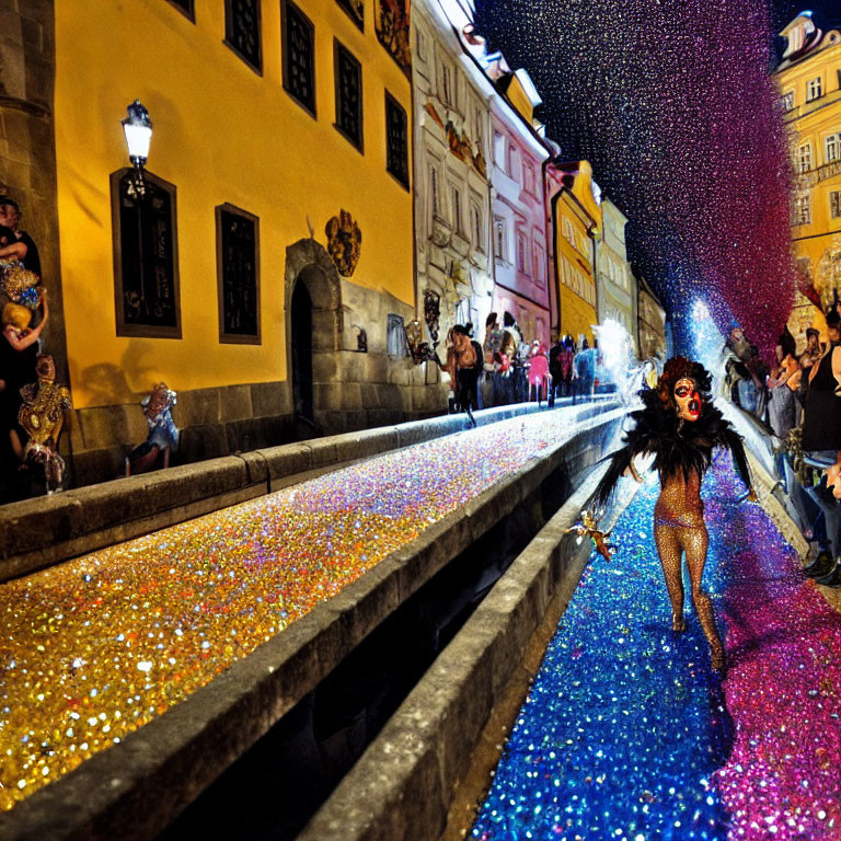 Glittery Costume Performer Parading Amid Colorful Confetti