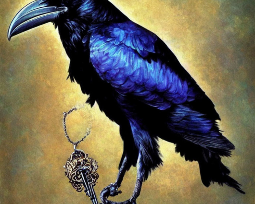 Detailed painting of black raven with iridescent blue feathers holding golden key on metal stand