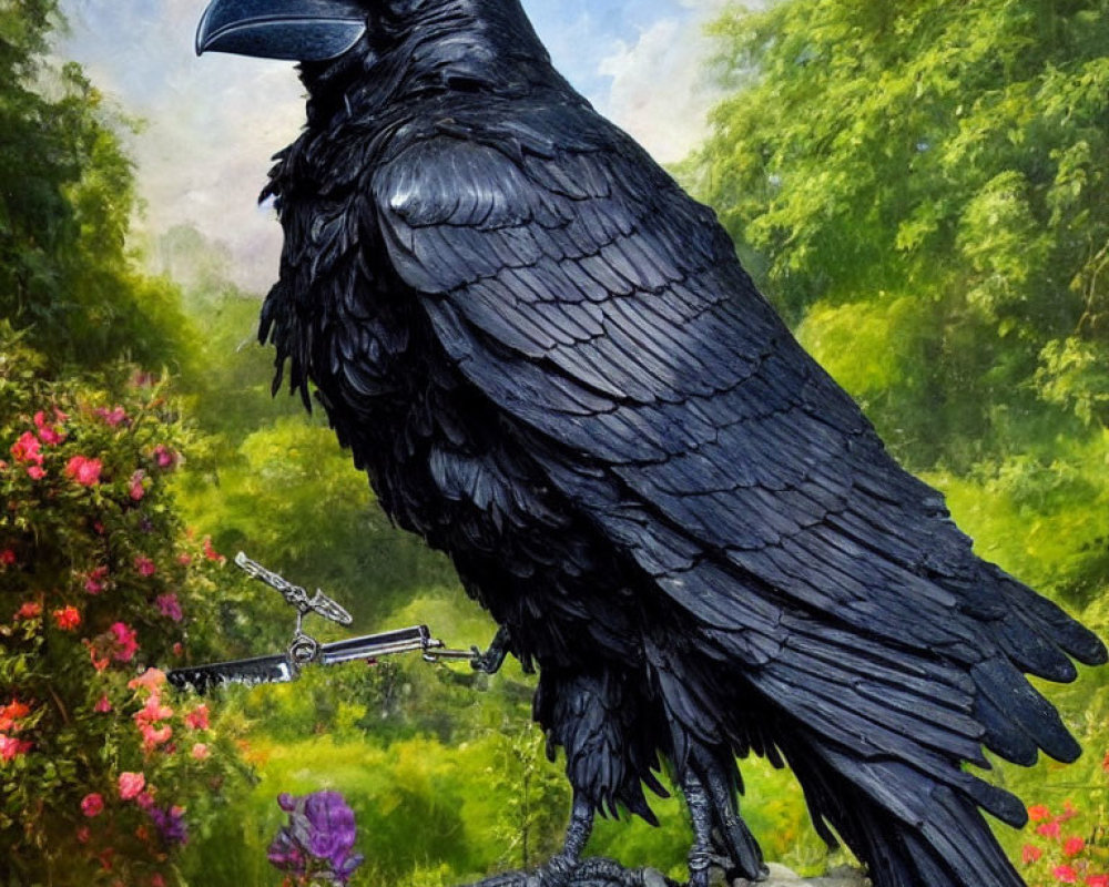 Detailed painting: Black raven on rock with greenery and flowers.