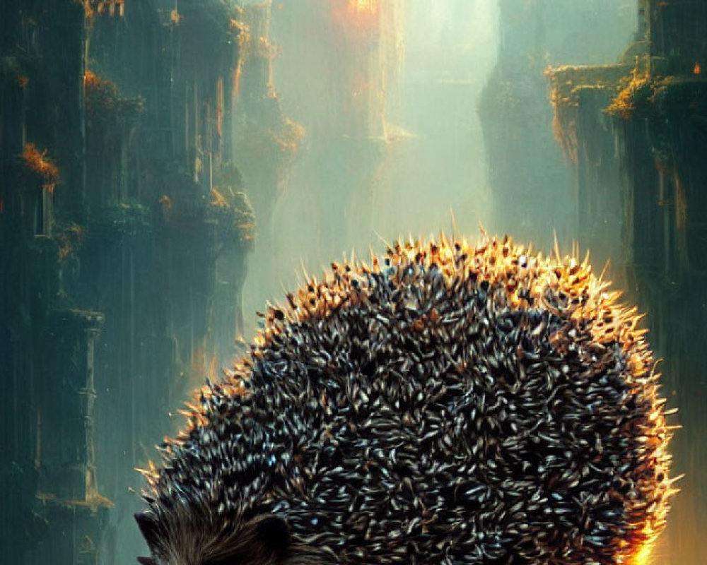 Giant hedgehog in ancient city at sunset with flying birds