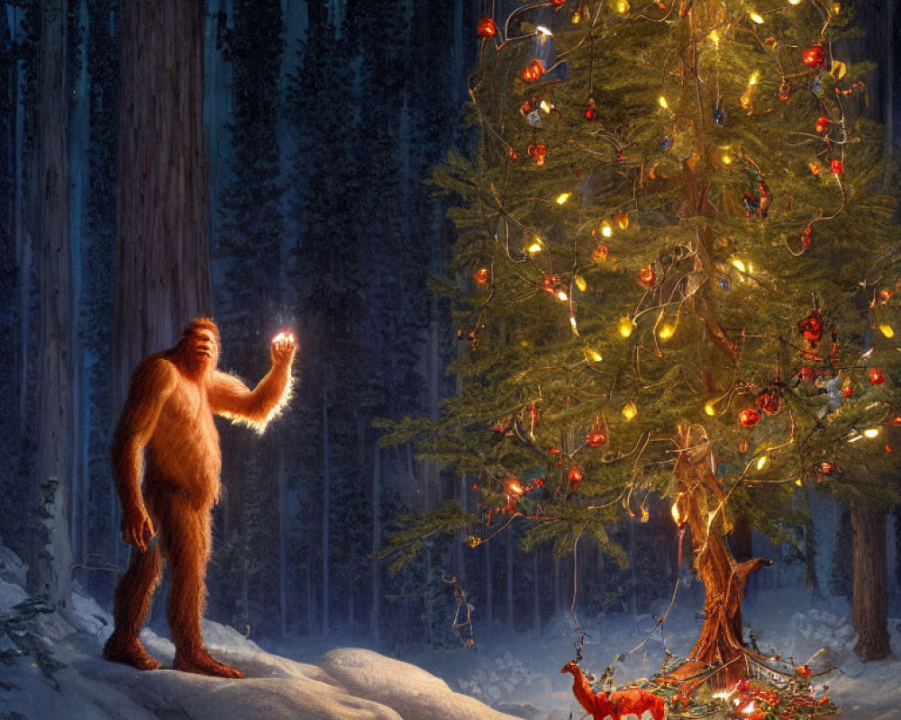 Illustration of Bigfoot decorating Christmas tree in snowy forest