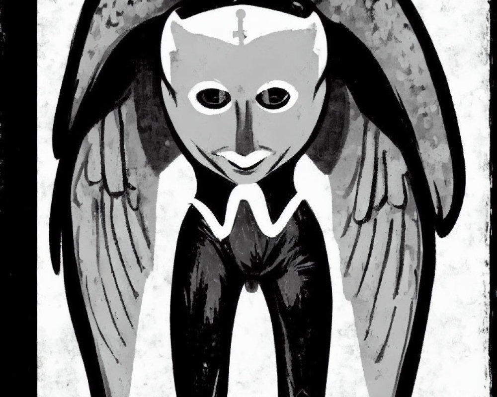 Monochromatic stylized art of figure with angel wings and cat-like face in suit against textured background