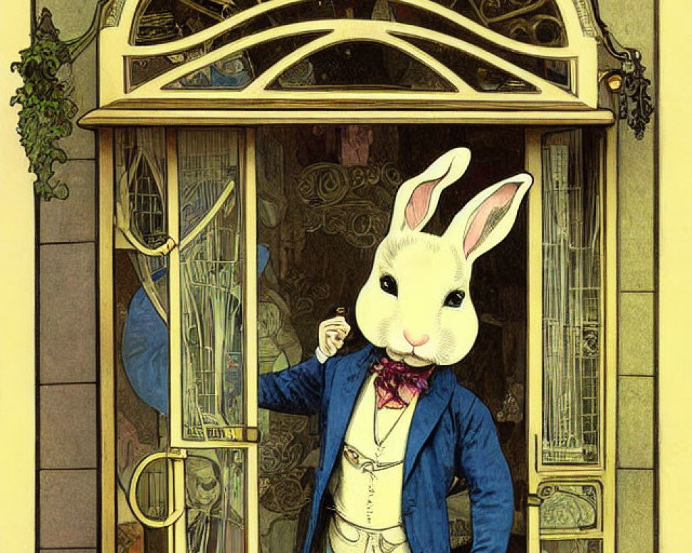 Anthropomorphic rabbit in blue coat at Art Nouveau shopfront