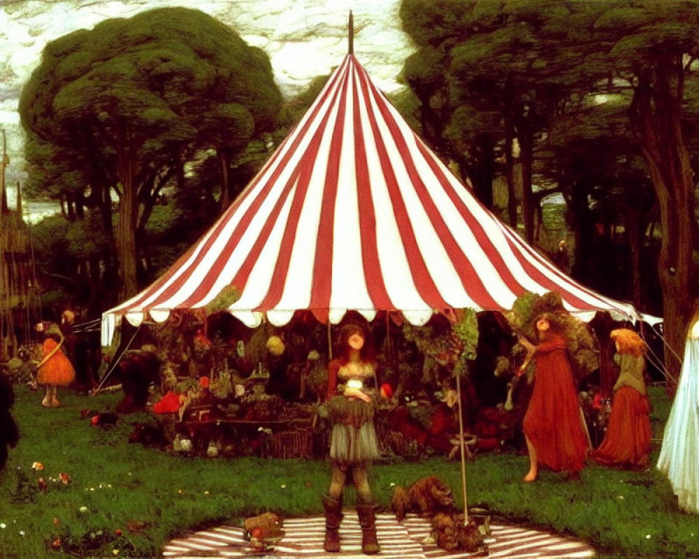 Renaissance-style painting of people around a tent in a forest clearing