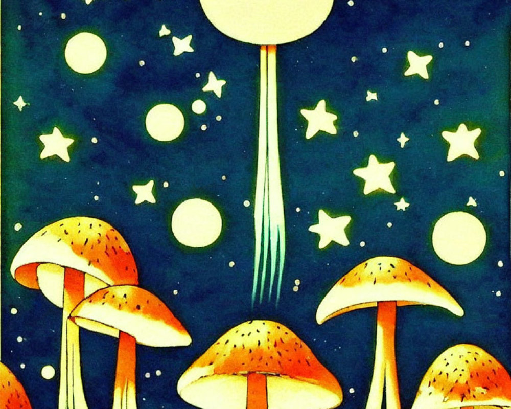 Colorful Mushroom Illustration Under Starry Sky with Moon and Celestial Beams