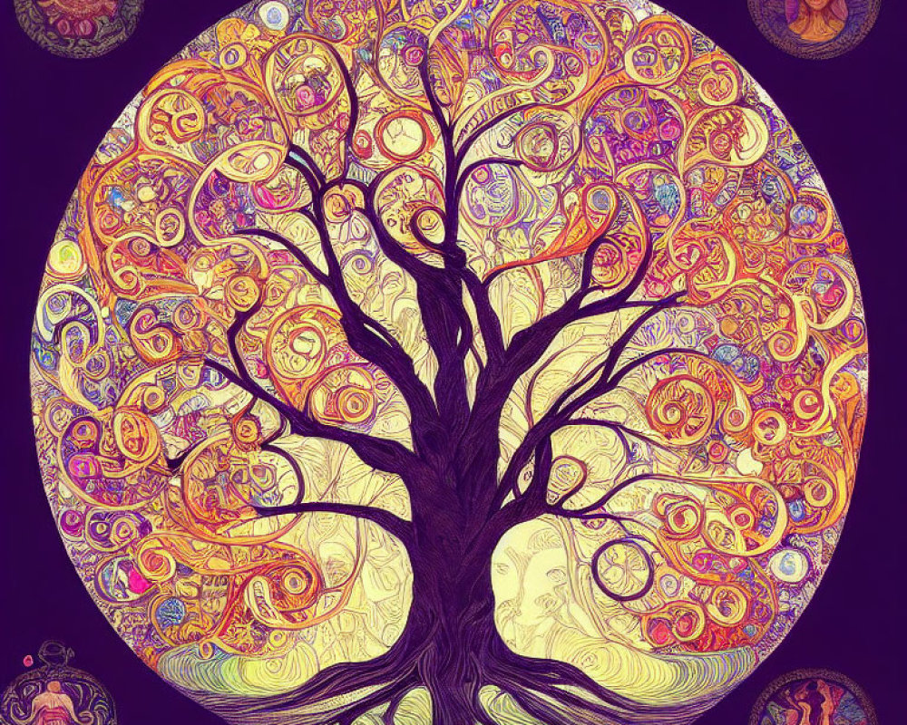 Colorful Circular Artwork with Ornate Tree and Intricate Patterns