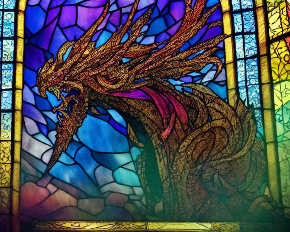 Dragon-themed stained glass window with intricate designs in deep blues and purples