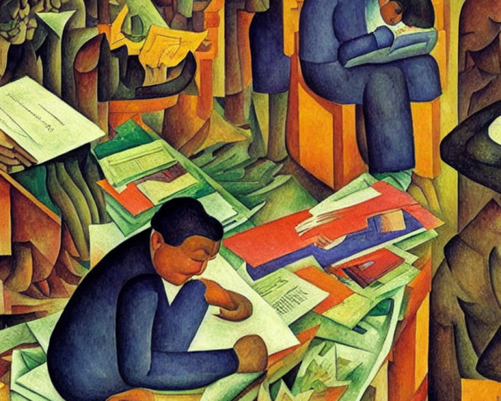 Colorful Cubist Painting of Figures Reading in Chaotic Environment