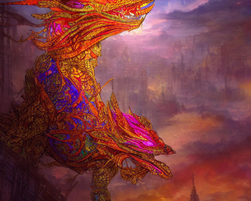 Colorful dragon soaring over Gothic cityscape at sunset with castle