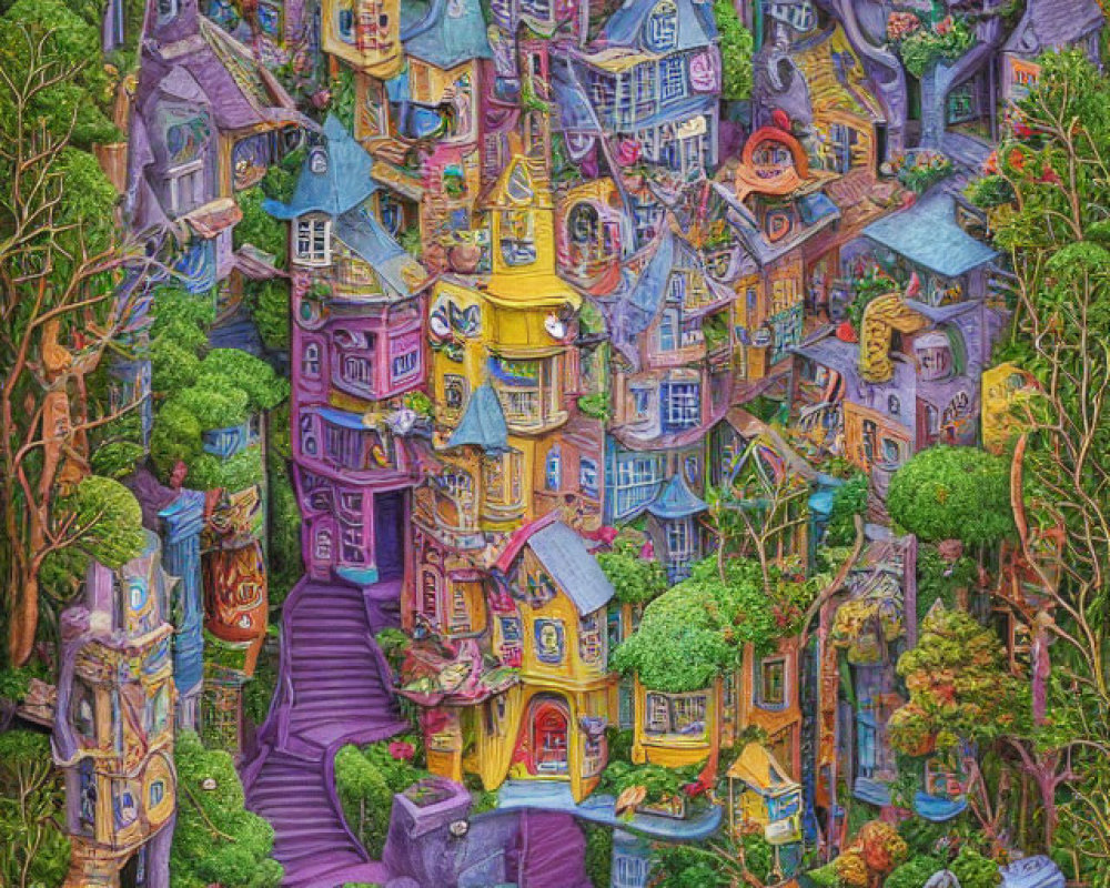 Colorful, whimsical town illustration with unique buildings and lush greenery