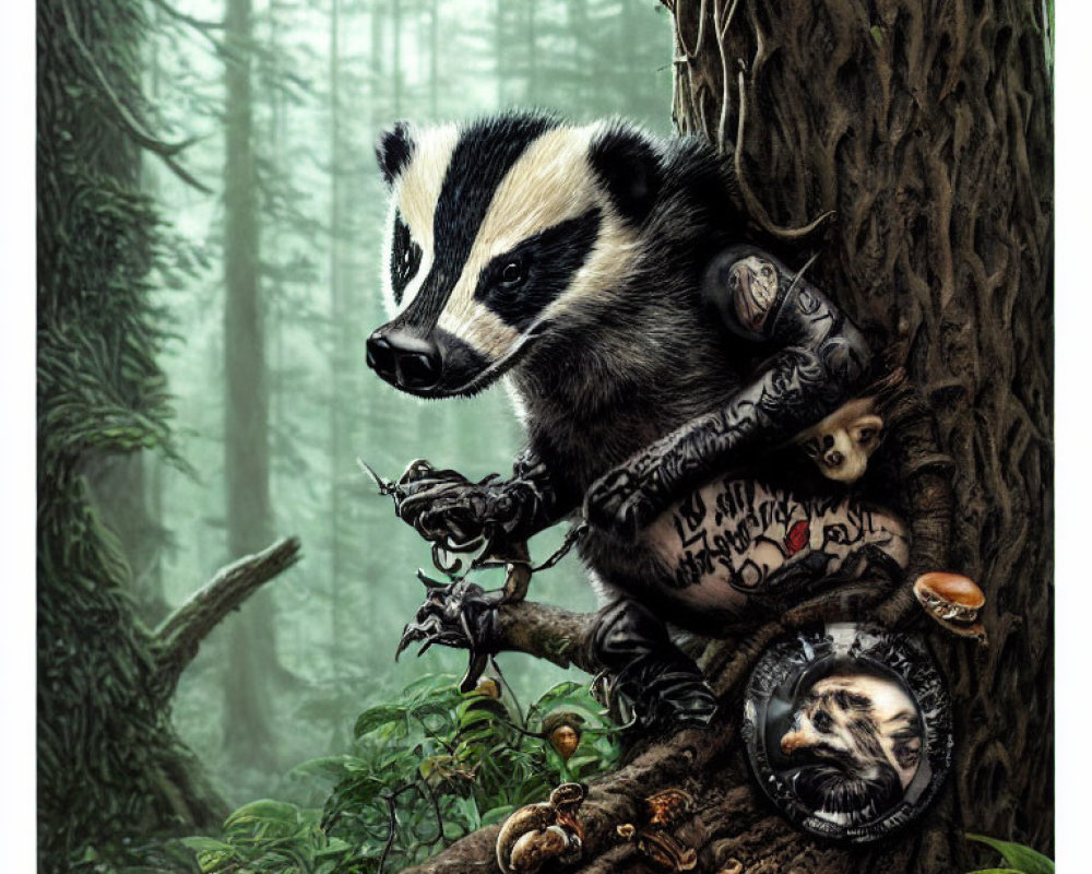 Tattooed badger with human face pocket watch in misty forest