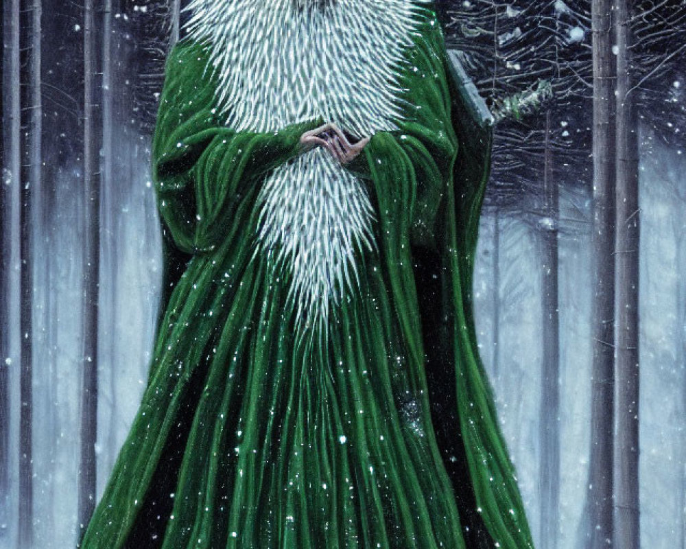 Anthropomorphic hedgehog in green cloak in snowy forest