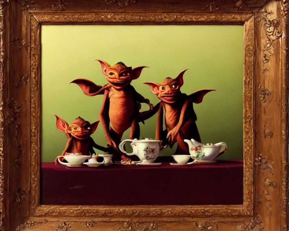 Mischievous gremlin-like creatures with spilled tea cups in classical painting setting