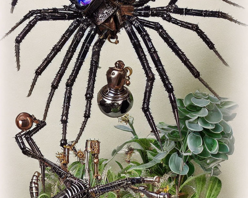 Steampunk-inspired metal spider sculpture with gears, against green plants on light wall.