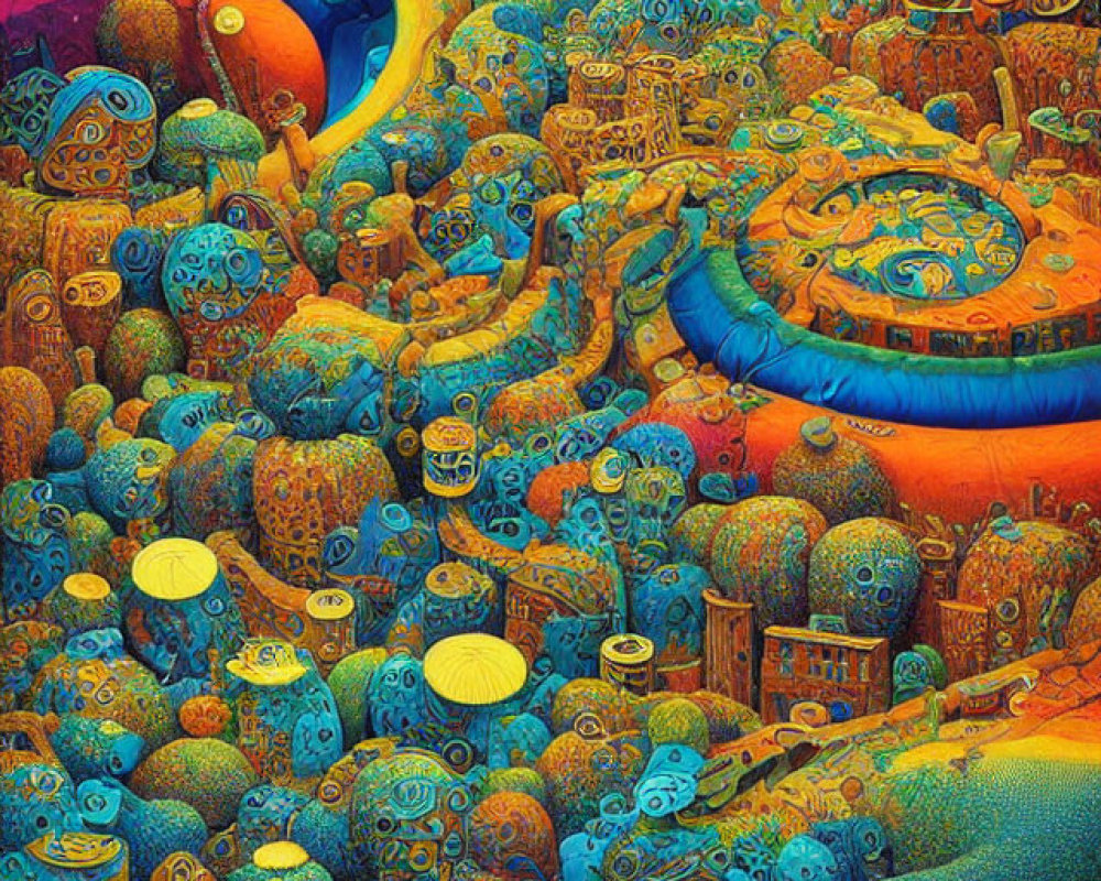 Colorful surreal landscape with intricate patterns and circular shapes in blue and orange.