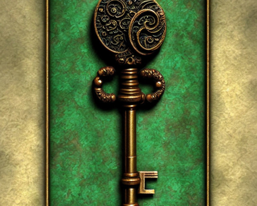 Vintage Brass Key with Intricate Designs on Green Textured Background