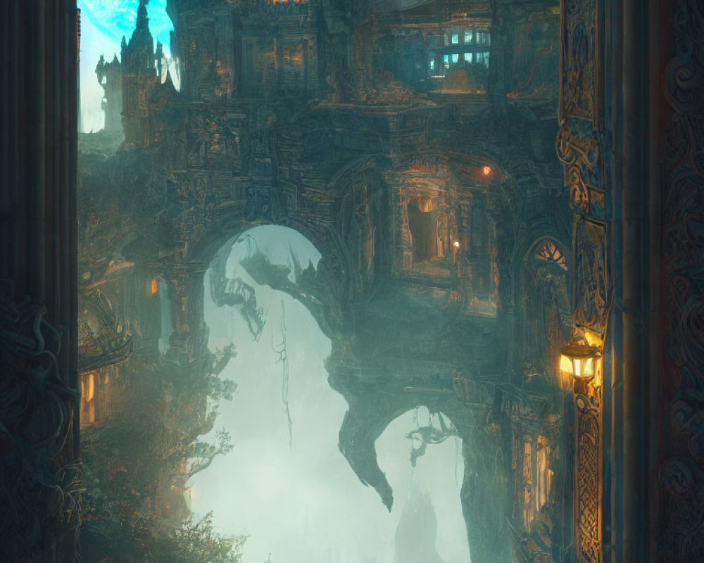 Ancient ornate ruin with blue orb and mist-covered grounds