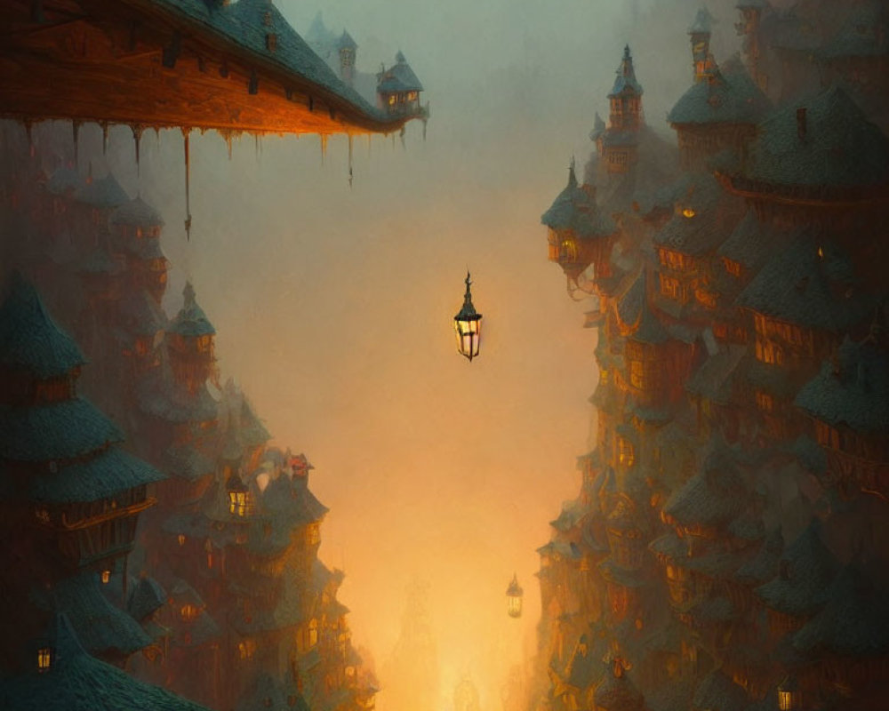 Foggy cityscape with hanging lanterns and traditional buildings under warm glow