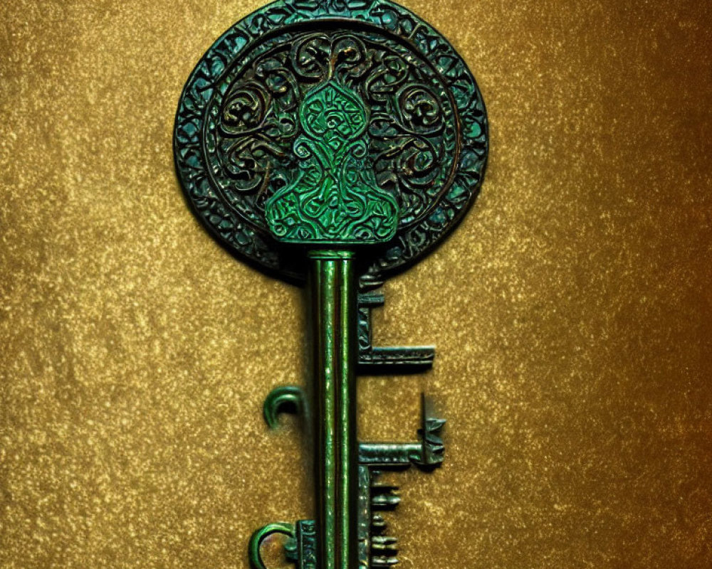 Intricate antique key with ornate design on golden background