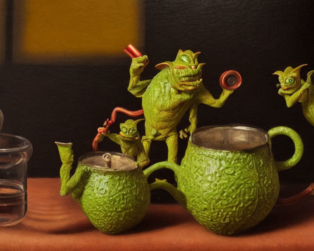 Whimsical green goblins with toy trumpets in metallic teapots on table