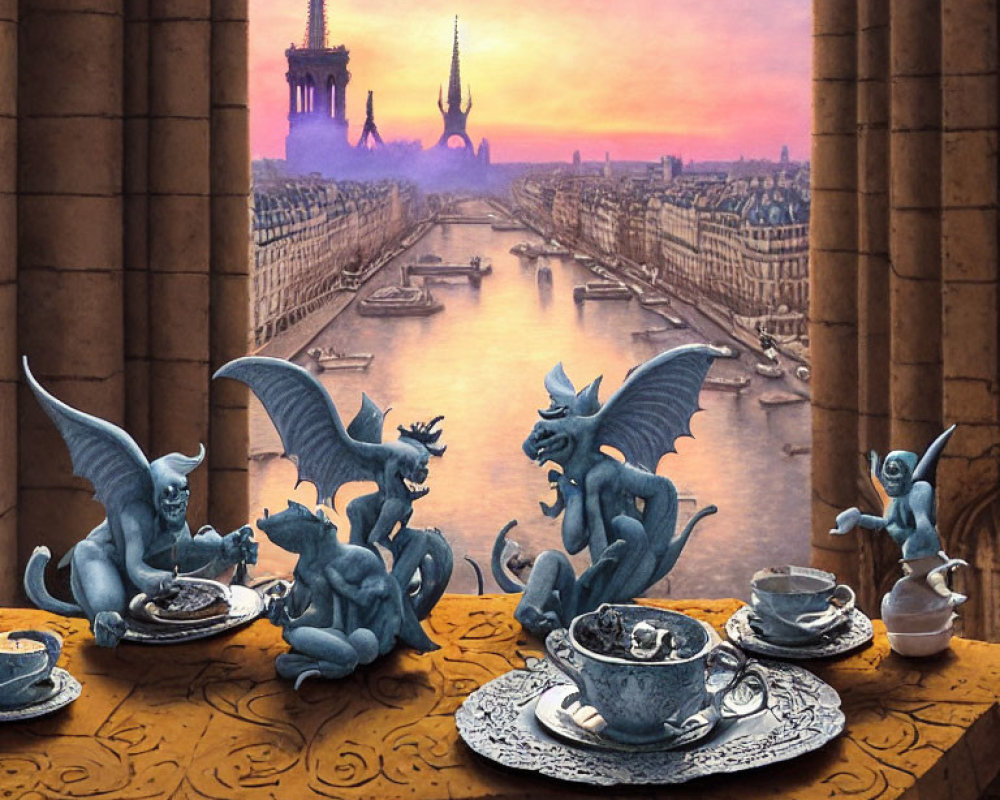 Stone gargoyles having tea and cookies in a Parisian sunset scene