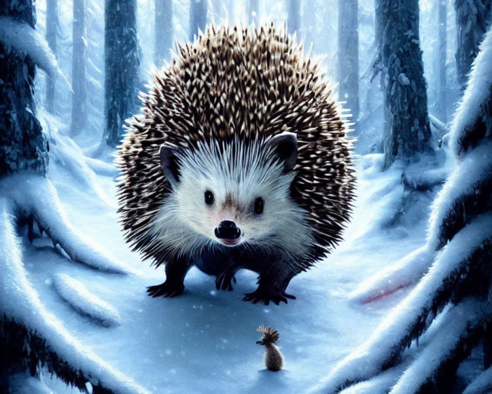 Oversized hedgehog in snowy forest gazes at tiny version