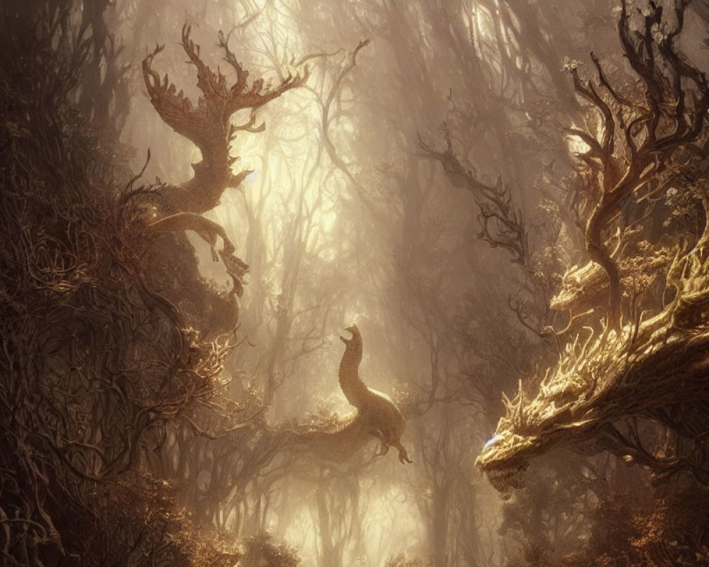 Majestic stag-like tree creatures in mystical forest scene