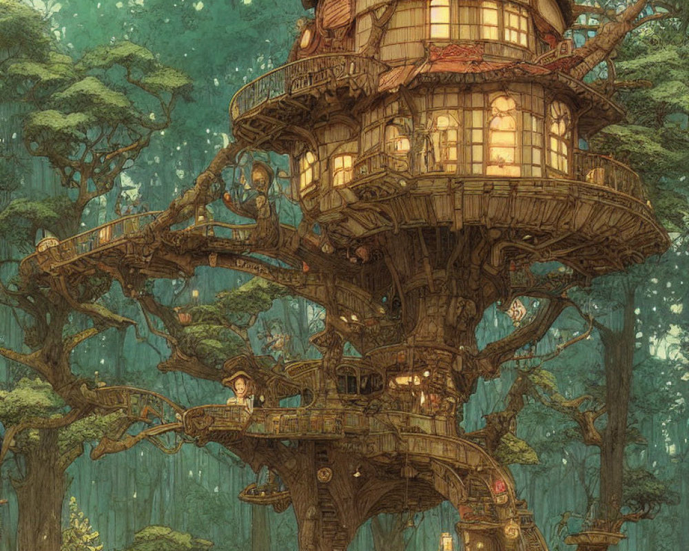 Detailed Treehouse with Warm Lights in Lush Forest