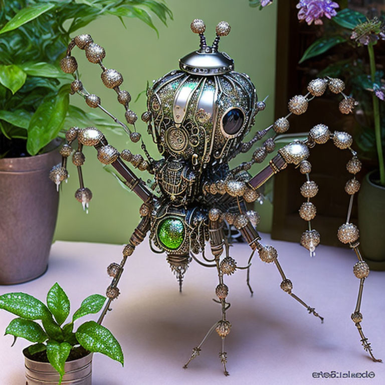 Steampunk-style mechanical spider sculpture with intricate gears and metallic parts among houseplants