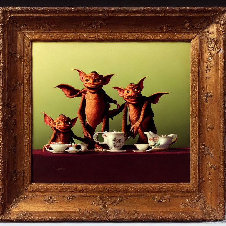 Mischievous gremlin-like creatures with spilled tea cups in classical painting setting