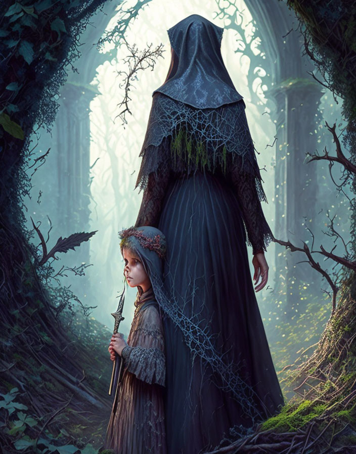 Cloaked figure and child in mystical forest with towering trees