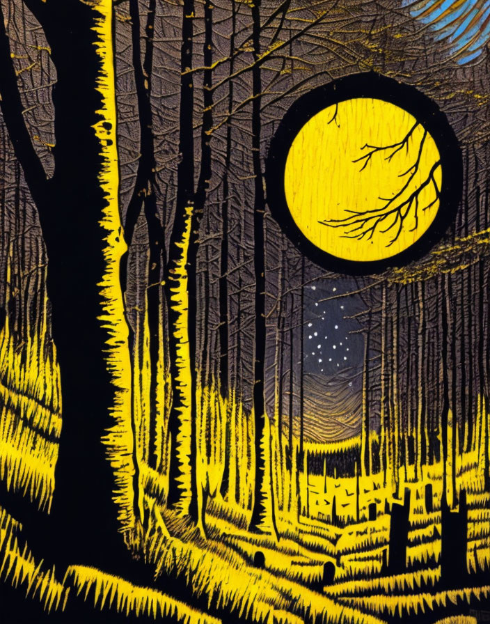 Stylized graphic forest scene: night view with yellow moon, black trees, star-filled sky.