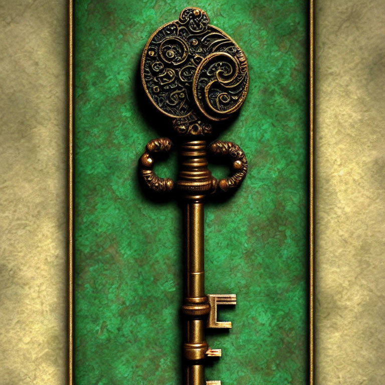 Vintage Brass Key with Intricate Designs on Green Textured Background