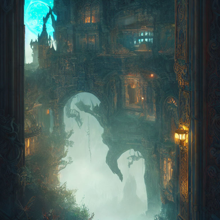 Ancient ornate ruin with blue orb and mist-covered grounds